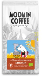 Muminkaffe är ett ekologiskt och balanserat bryggkaffe med bönor från Peru, Colombia, Etiopien och Indonesien, där frisk apelsin